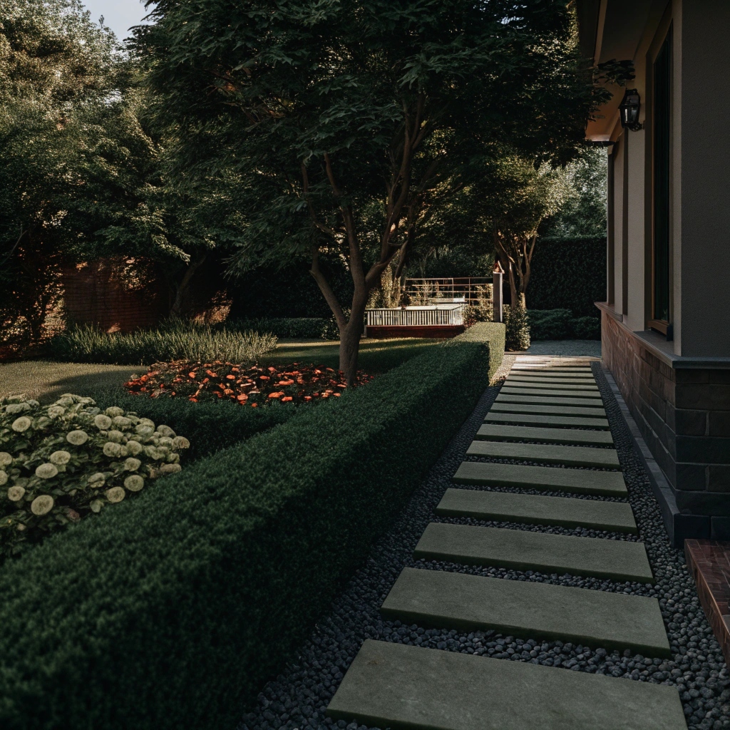 Professionell trädgårdsdesign med gröna växter och stenlagda gångar